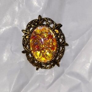 Vintage Filigree Faux Fire Opal Brooch